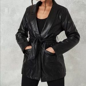Black faux leather belted jacket